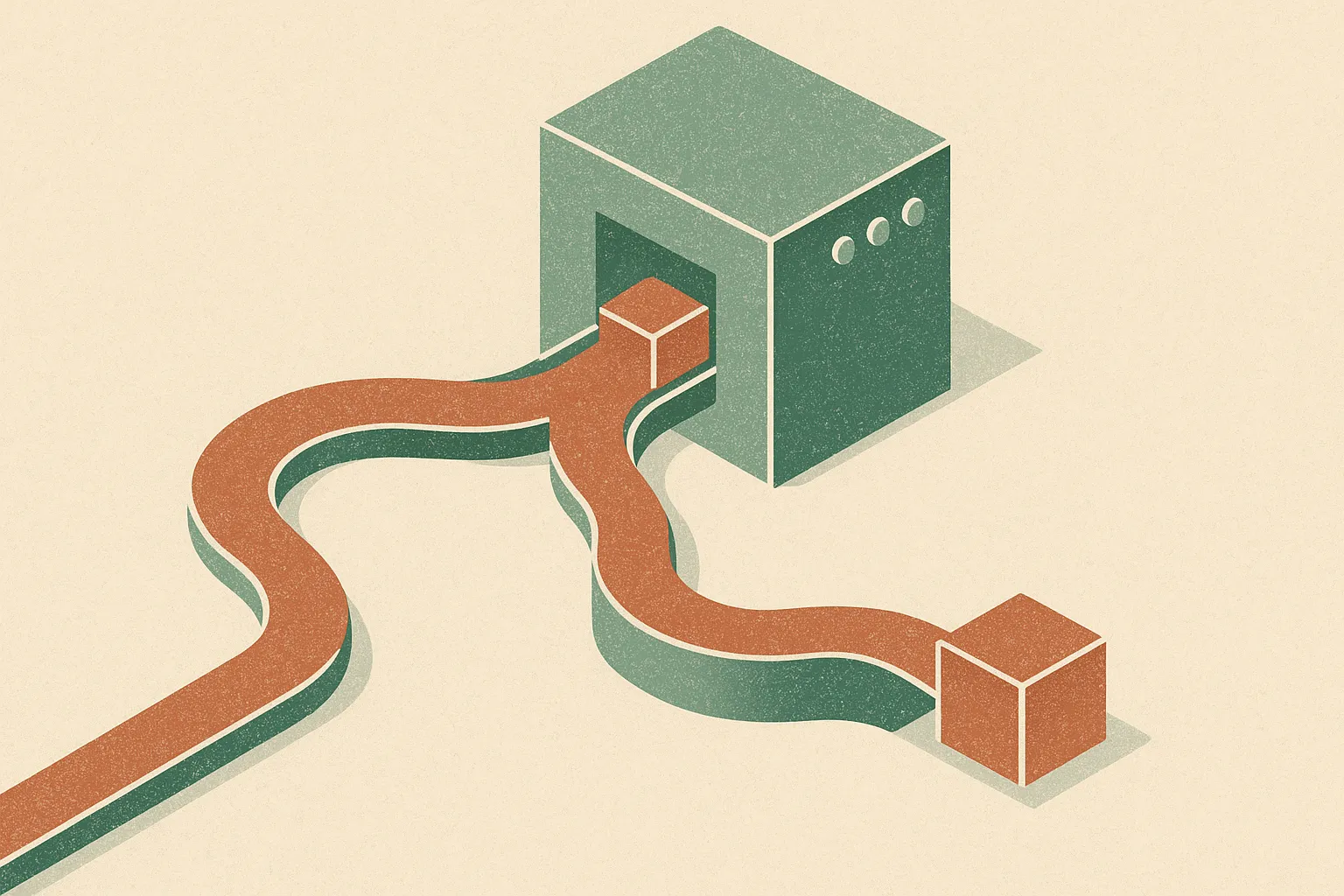 two distinct winding paths through a machine converging on one identical shape at the exit