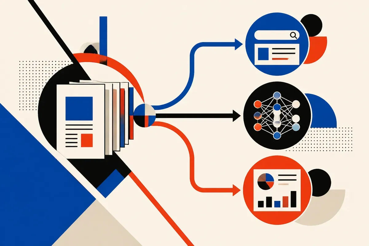 publisher pages splitting into separate paths toward a search answer, a model-training system, and an analytics dashboar