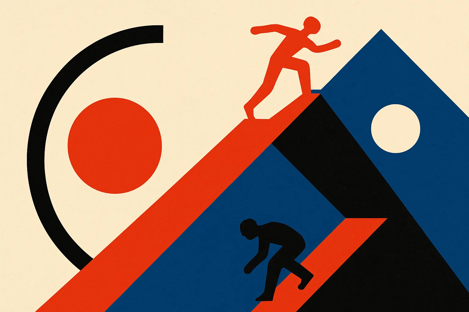 two parallel climbing paths up a mountain, one figure racing ahead confidently toward a cliff edge, another moving slowe
