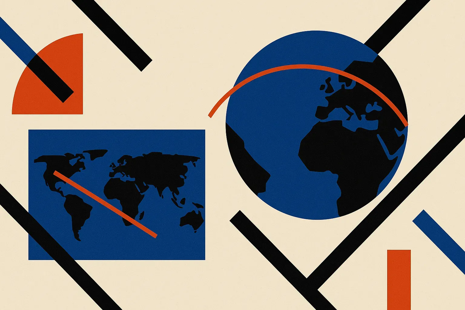 a taut string stretched across a globe forming a curved arc, contrasted with the same path drawn as a bent line on a fla
