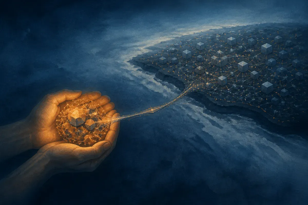 a large model split into two zones, one compact core held close and warm, a much larger reservoir sitting at a distance 