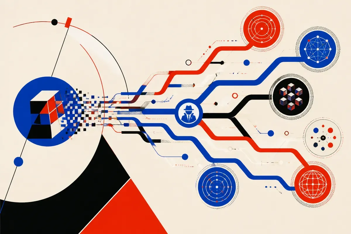 stolen digital assets splitting into many branching paths across separate networks, with a small investigator node follo