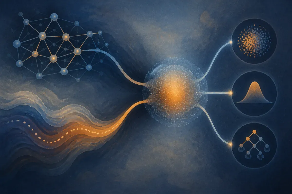 two signal paths, one following graph structure and one following latent variation, merging into one uncertainty represe