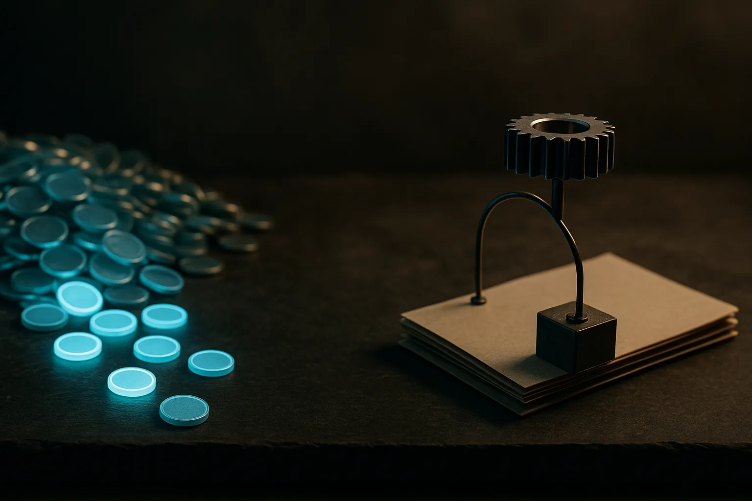 an overflowing pile of small glowing tokens on one side contrasted with a single completed machine part emerging from a