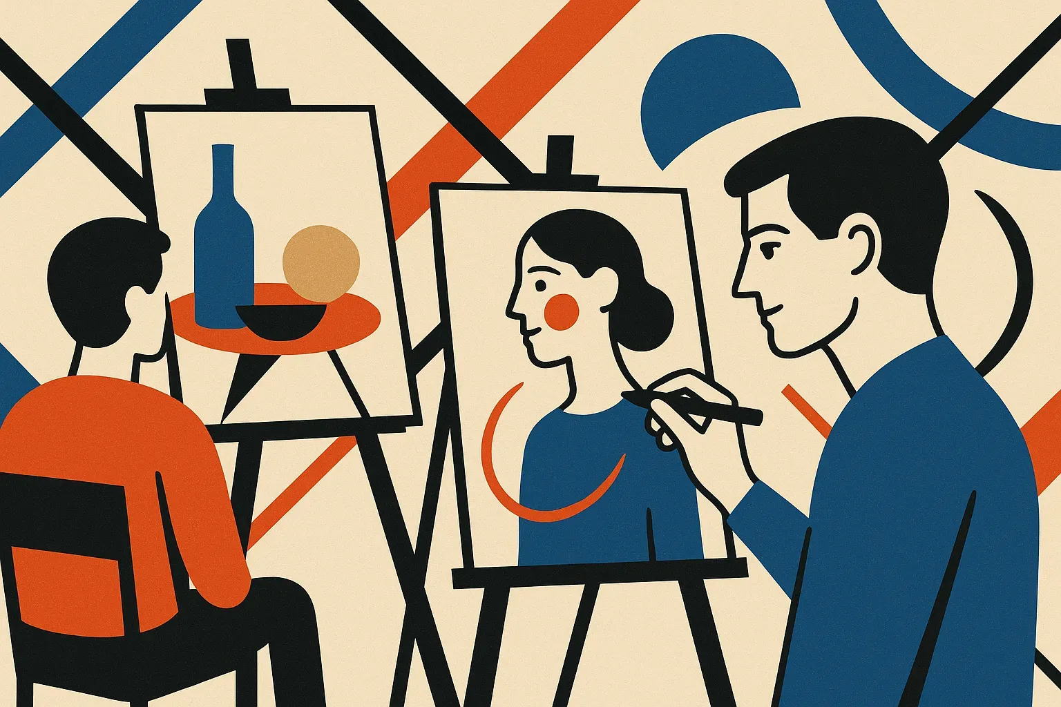 an art classroom scene where one model sees only objects while another traces emotion culture and composition through th