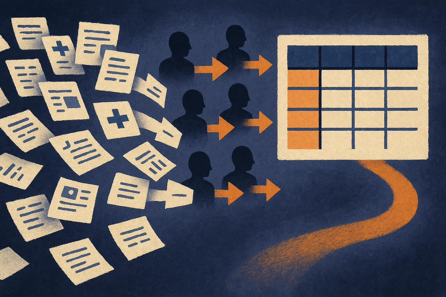 fragmented clinical records flowing through several small agent checkpoints into a clean feature table and an evidence t