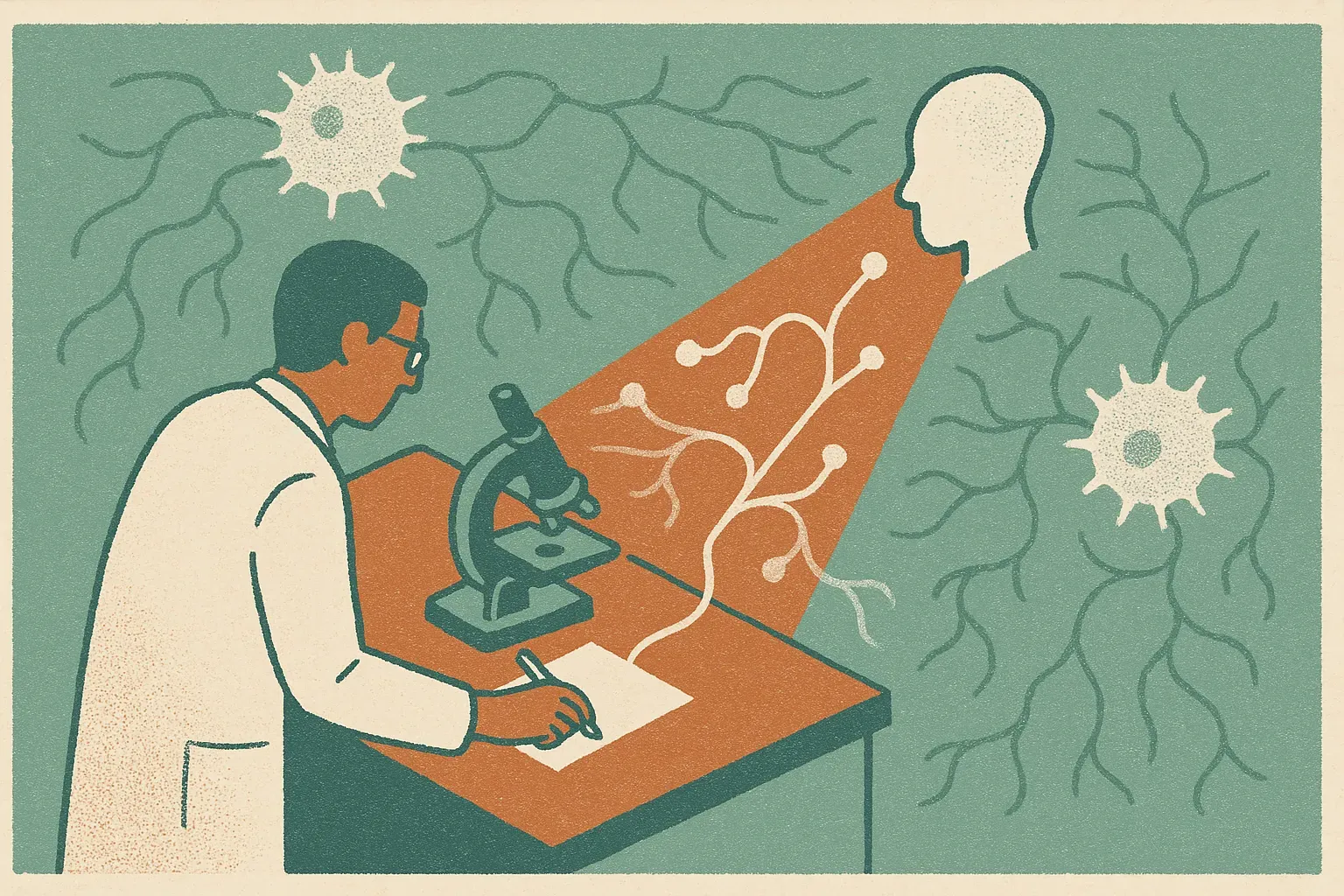 an expert researcher at a lab bench and an AI-shaped light source jointly illuminating one viable pathway through a tang