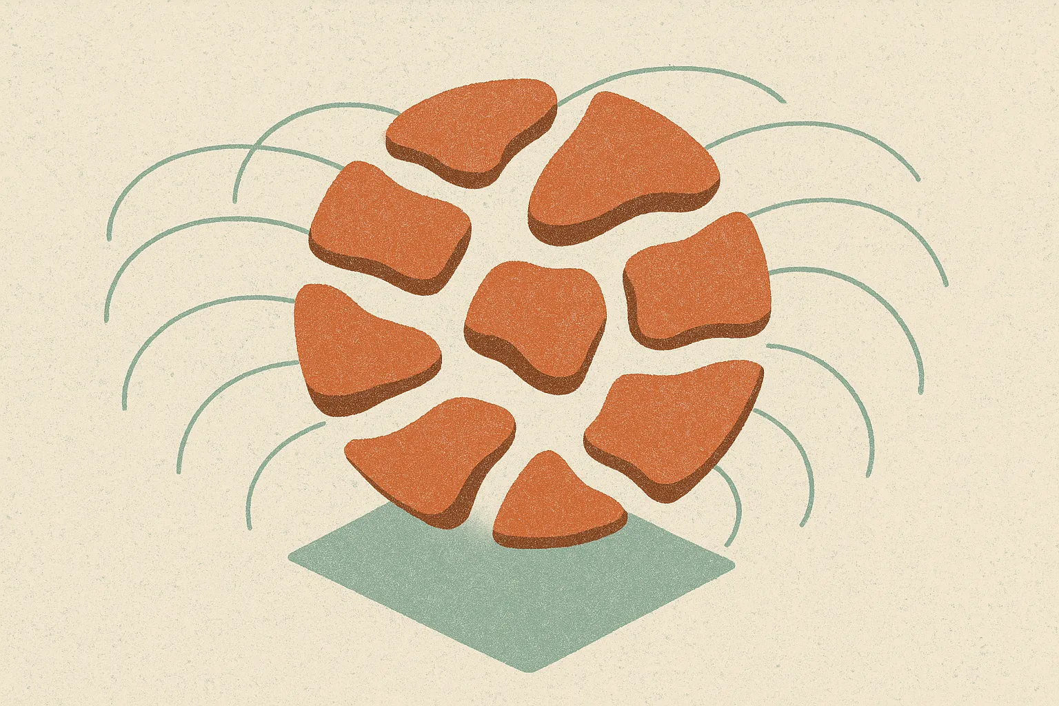 many soft object fragments moving in parallel while faint curved influence lines connect each fragment to the whole shap