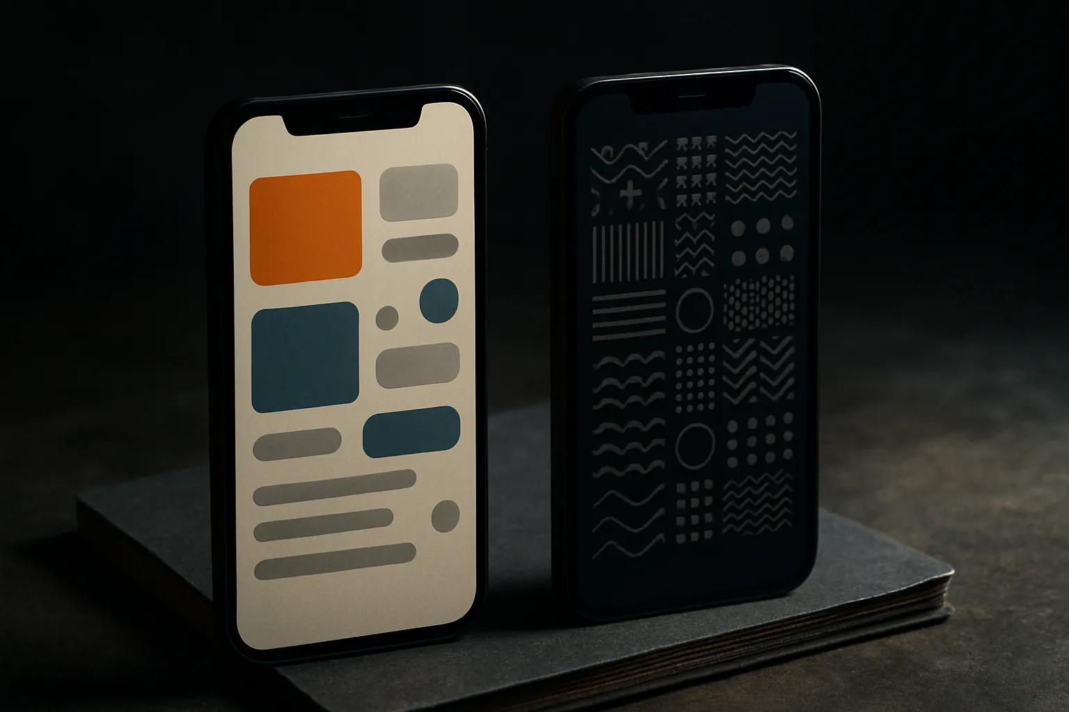 two contrasting mobile screens, one airy and decorative with scattered panels, the other dense and orderly with compact