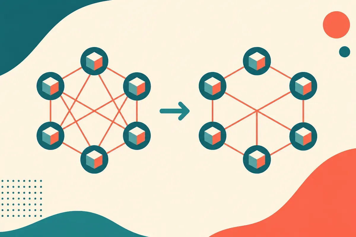 a cluster of identical nodes where the connecting lines between them rearrange from one arrangement to another, same nod