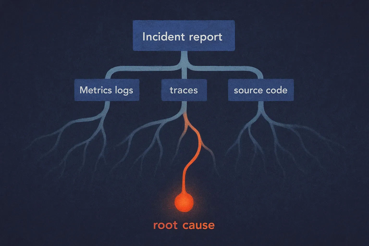 an incident report branching into metrics logs traces and source code, with several false trails fading out before one f