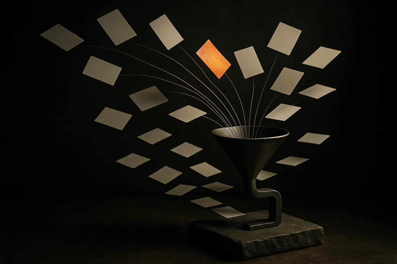document fragments flowing into a narrow question funnel, with one bright noisy fragment pulling most paths toward itsel