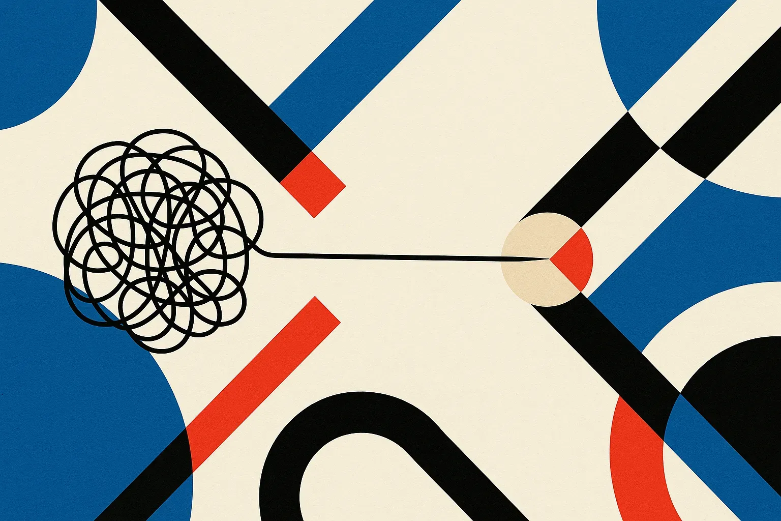 a long tangled thread narrowing into a single clear focused point