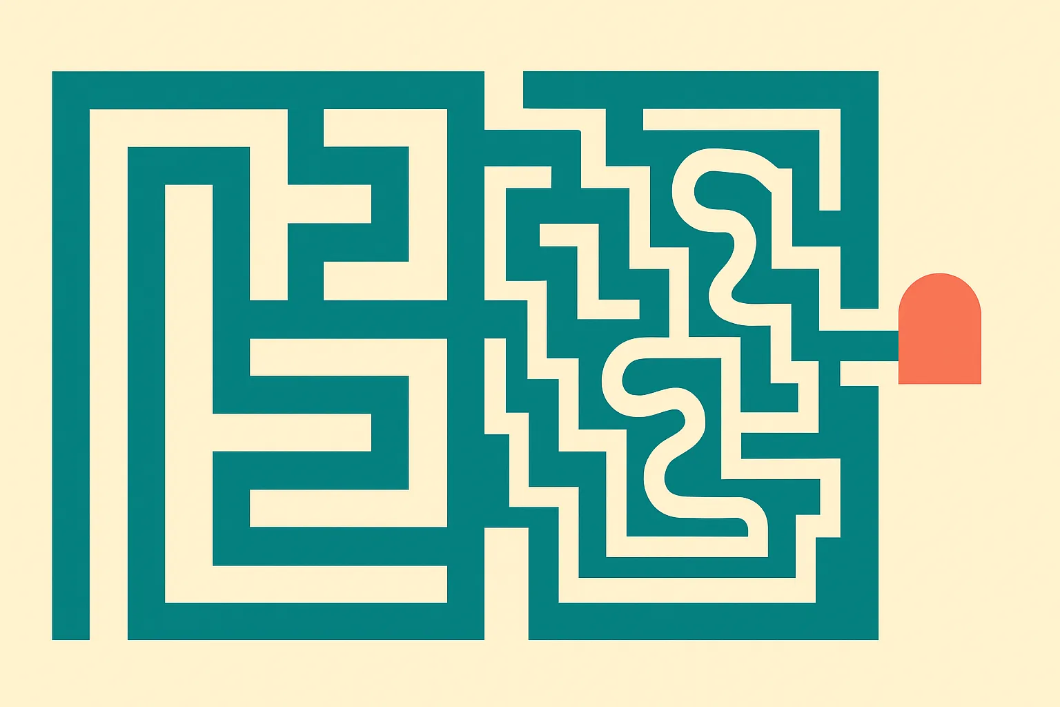two paths through a maze reaching the same exit, one direct and one wandering, shown side by side to contrast identical