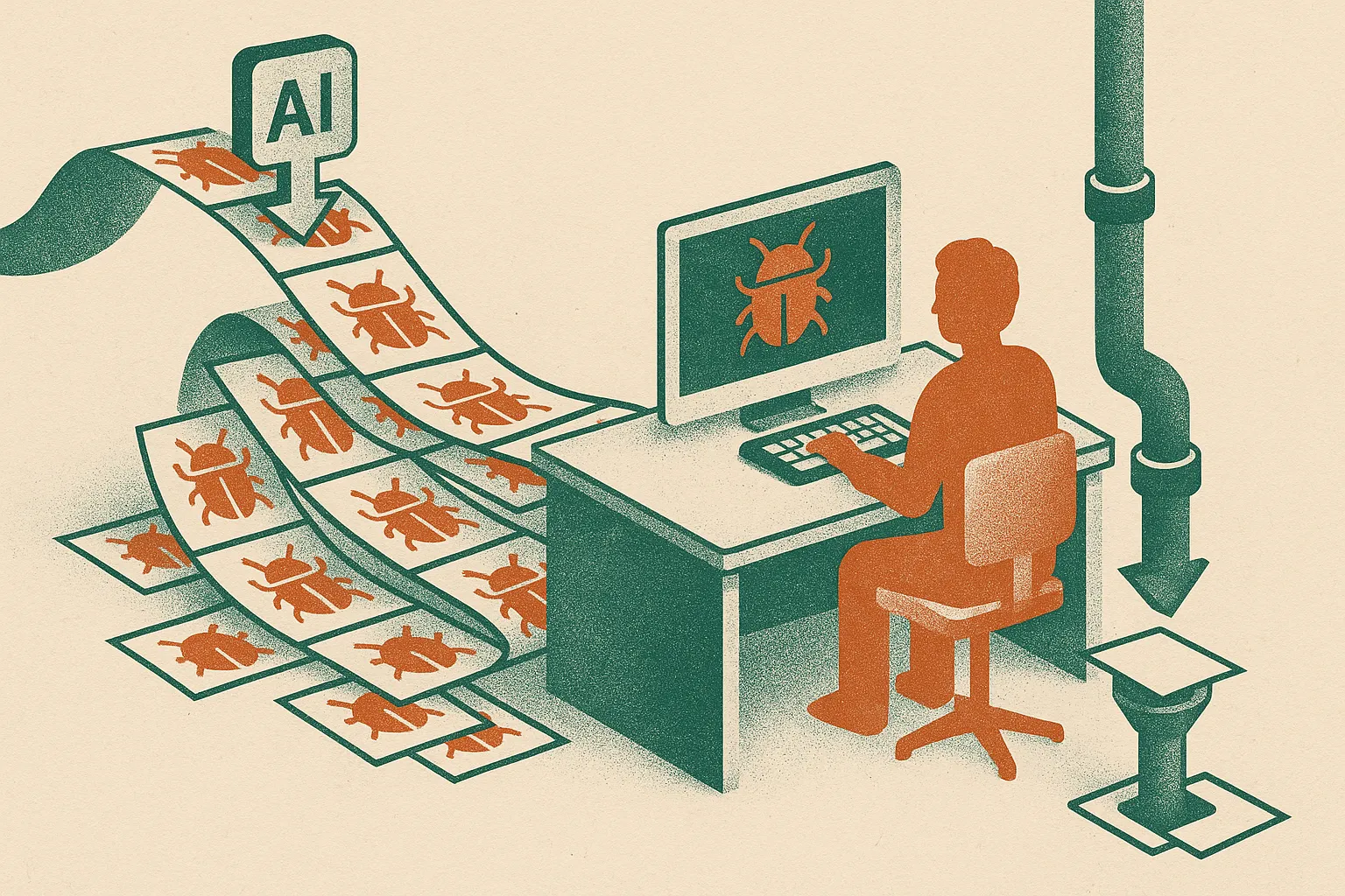 an open-source maintainer desk receiving a growing stream of machine-generated bug reports, with a small subset routed i