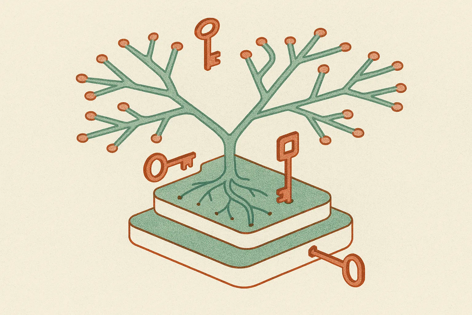 branching tree of token paths with three differently shaped keys opening progressively deeper layers