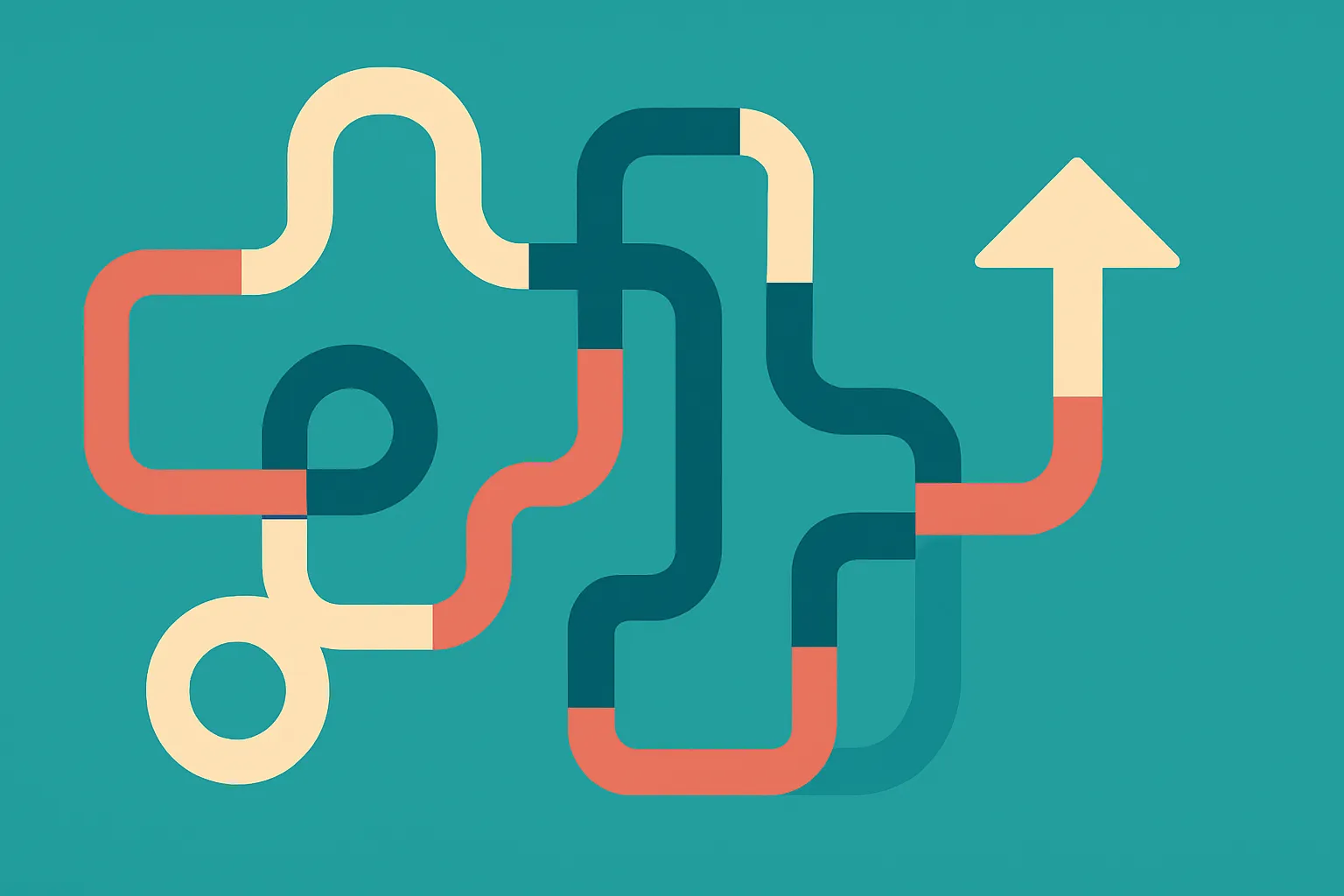 an agent path made of colored segments, with forward progress pieces, side exploration branches, neutral setup loops, an