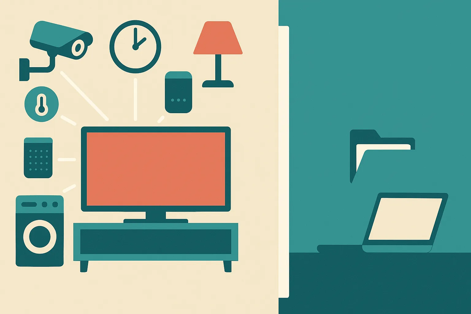 living room television connected to many household devices, with a small protective barrier separating it from personal 