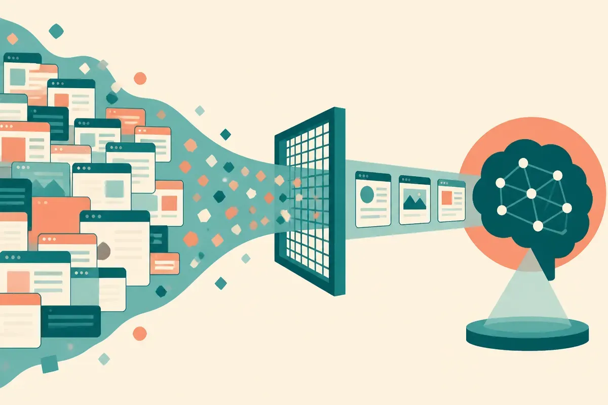 layers of web pages flowing through a filtering gate into a smaller set of trusted sources feeding an AI answer
