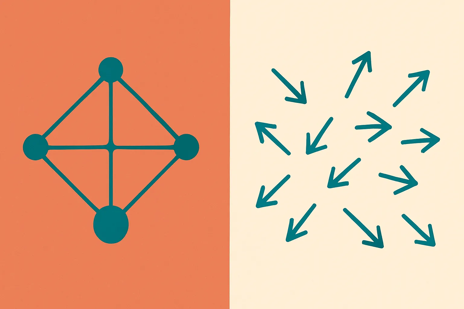 a single labeled point inside a network on the left, and on the right a scattered cloud of arrows pointing in many diffe
