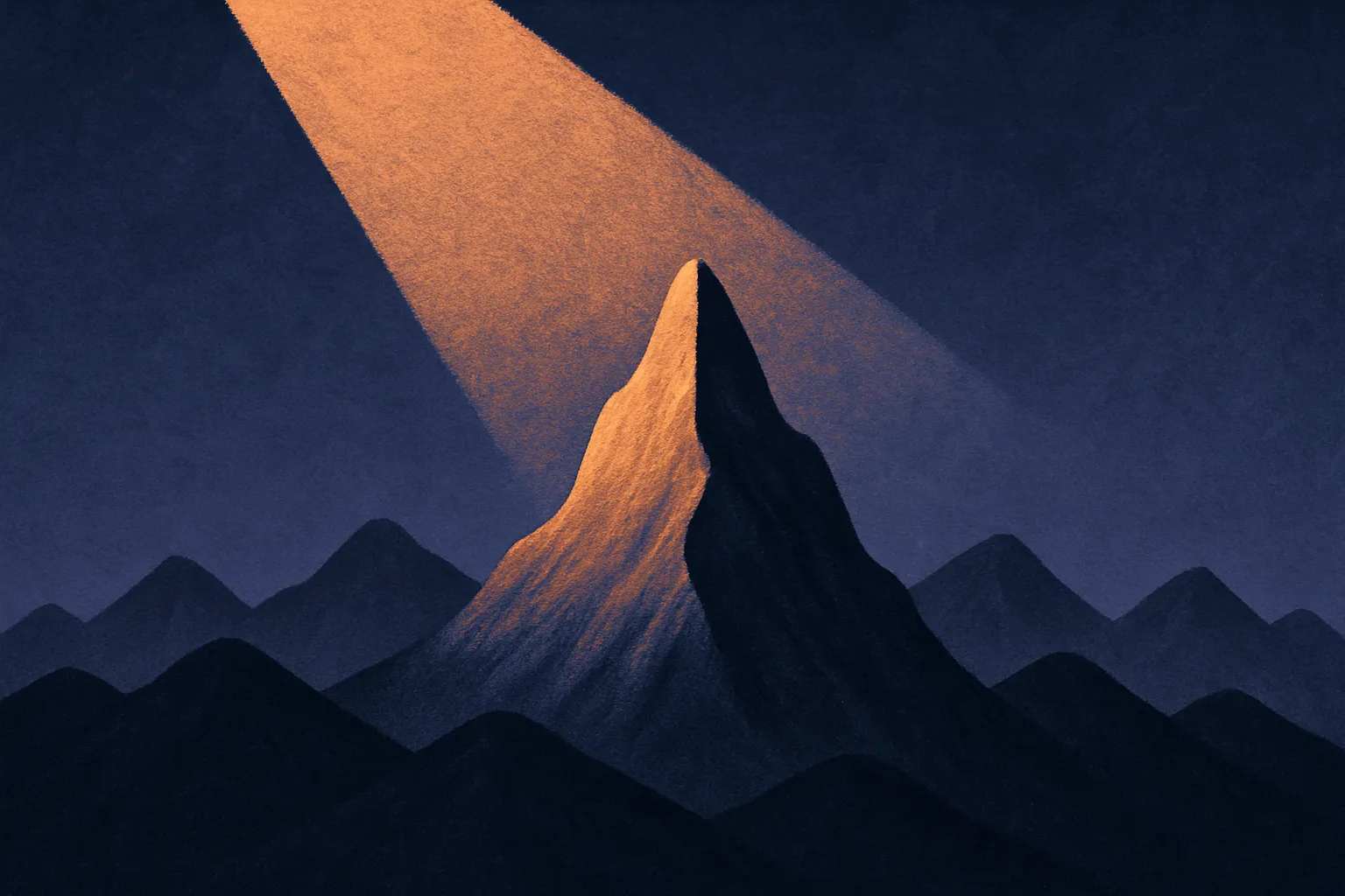 a single tall peak rising above a row of shorter peaks, with a spotlight narrowing on just the tall one while the rest o