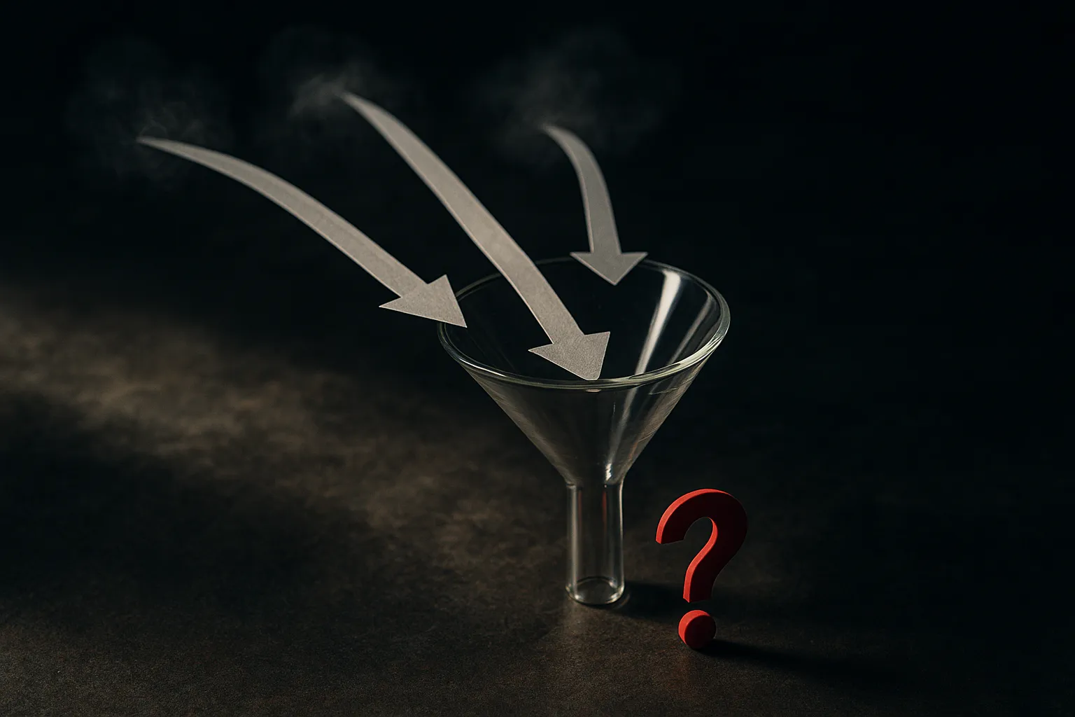a branching set of possible model responses flowing into a narrowing decision funnel, with one chosen response emerging 
