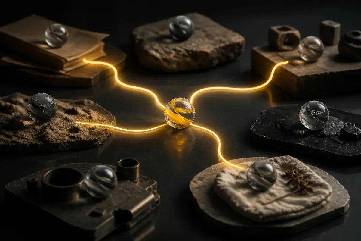 a single physical object threading through many separate scenes, connected by a bright line, while nearby look-alike obj