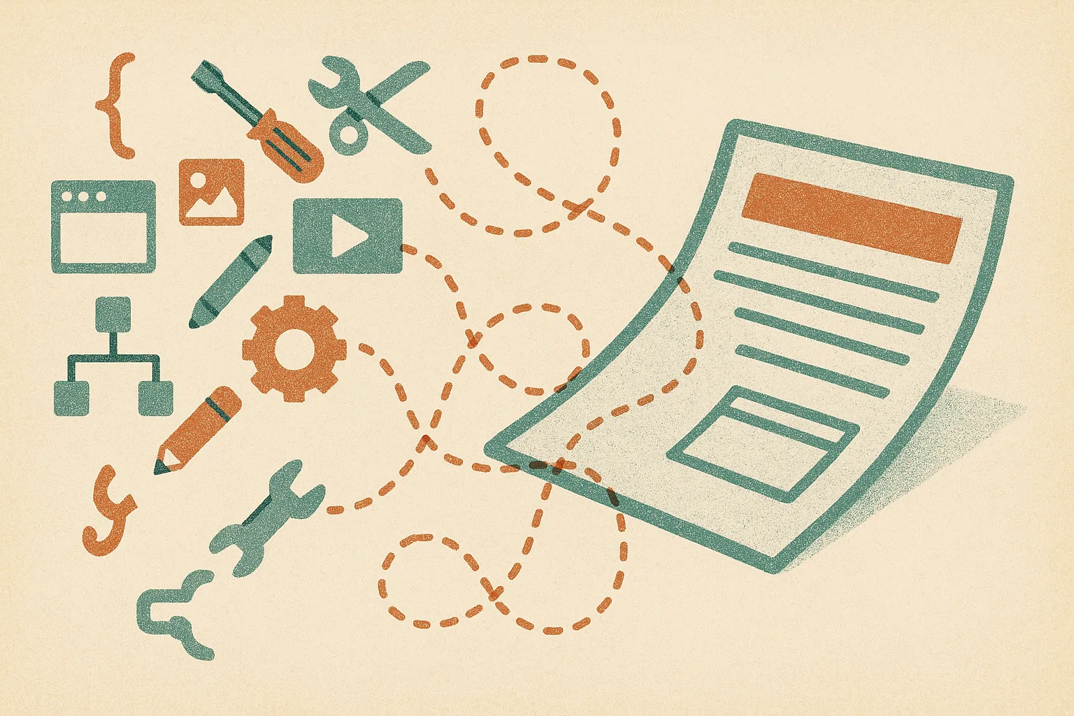 a cluster of small scattered tools and model calls flowing into a single completed work artifact, with some paths loopin