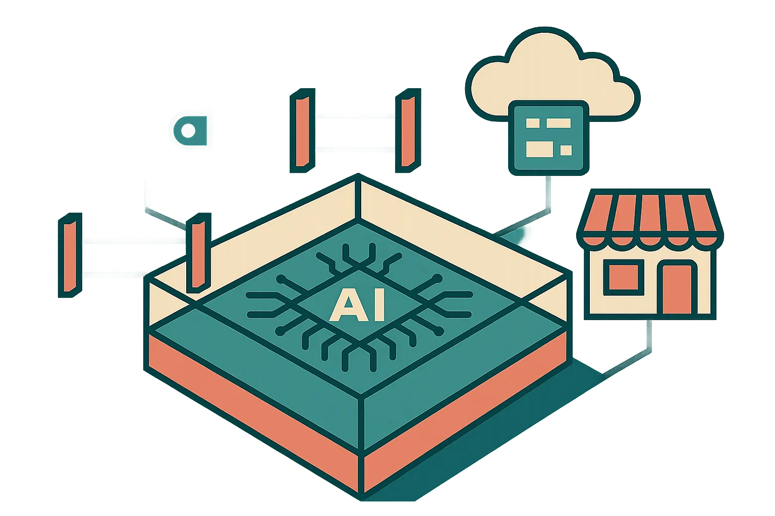 an agent core inside a transparent sandbox connected to a wallet, cloud tools, and a small storefront, with visible gate