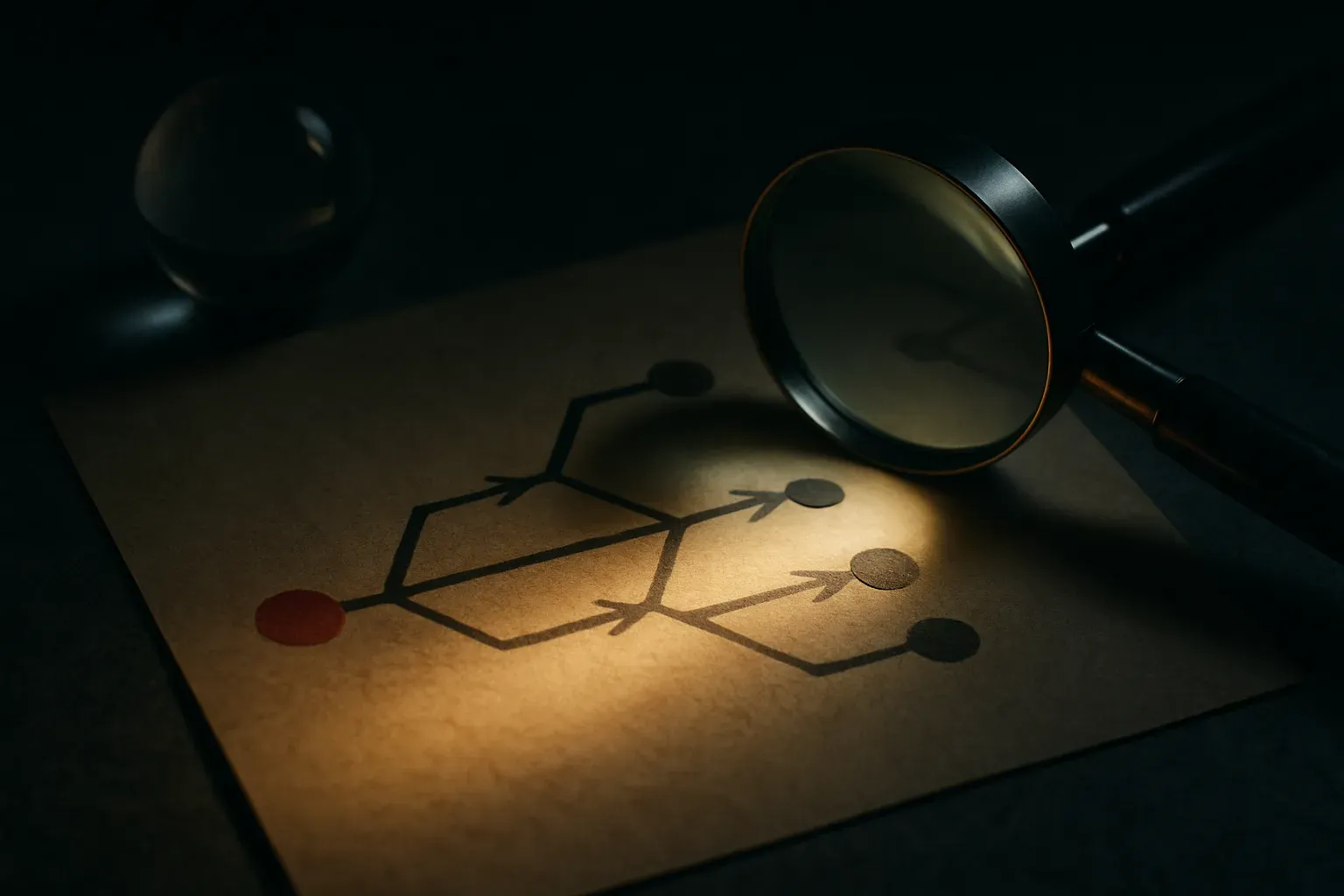 several branching search paths competing for attention, with a moving spotlight shifting toward the most promising branc
