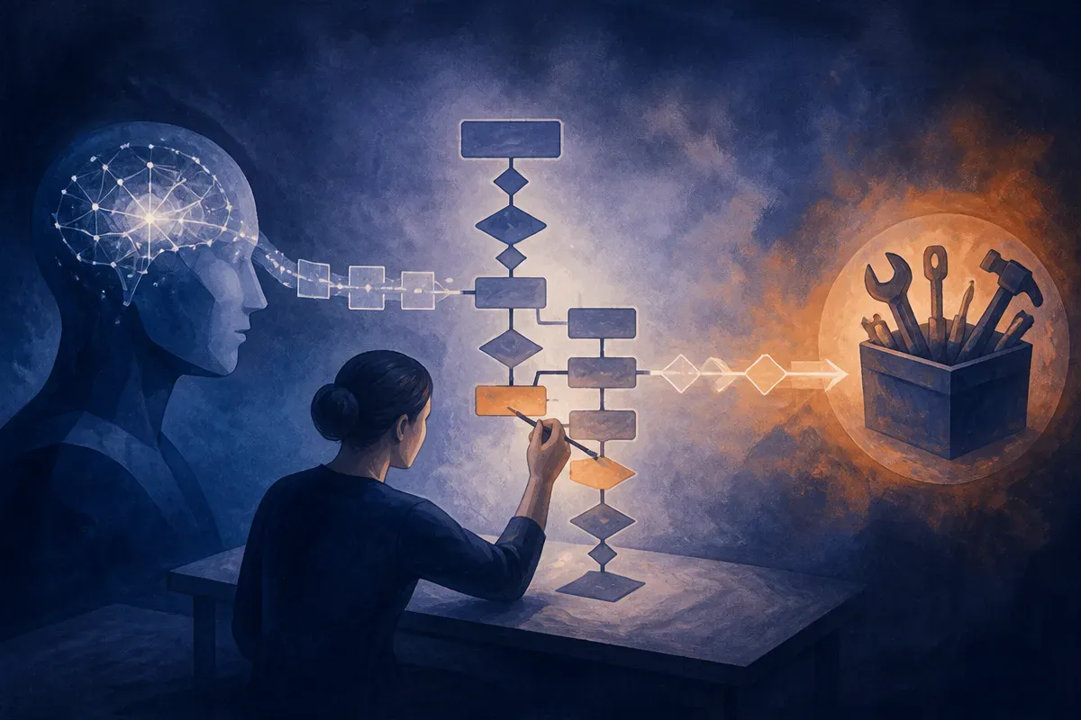 a model producing a structured action, a human review step modifying it, and the original structure continuing intact in