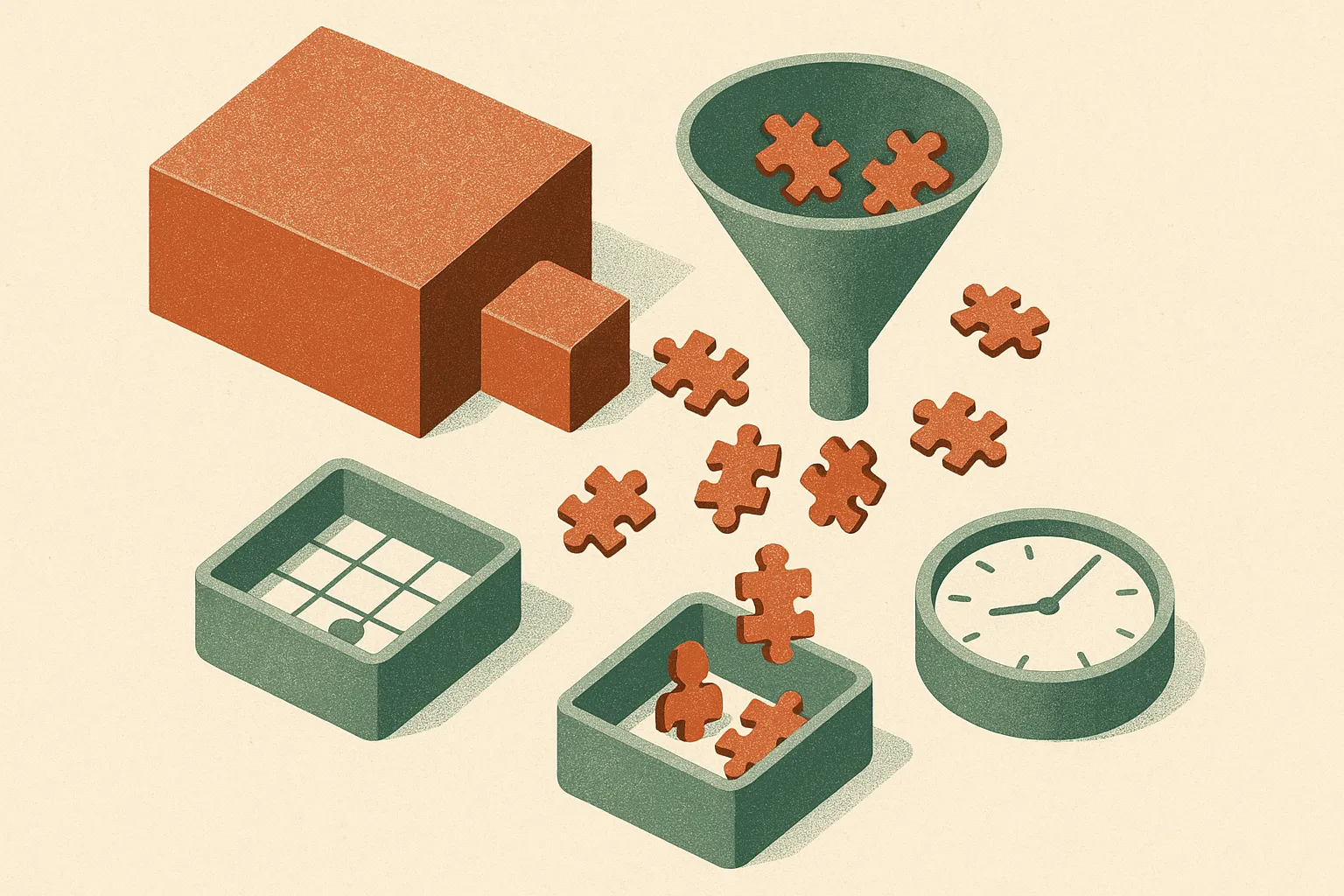 small reusable puzzle pieces flowing into different task-shaped containers while one large rigid block fails to fit