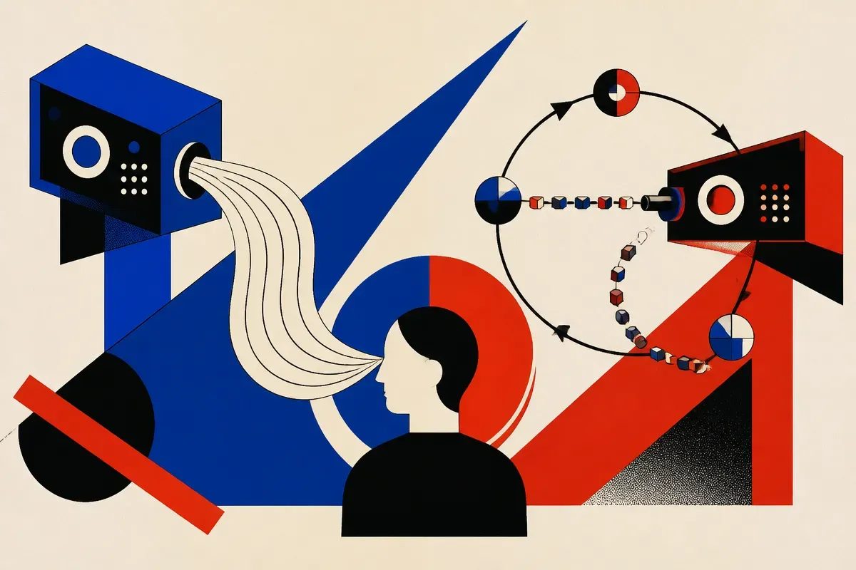 two contrasting machines, one producing flowing text to a person, the other sending small action tokens into a feedback 