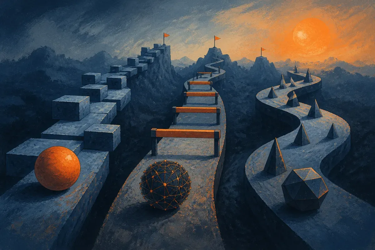 three different AI model forms moving through separate obstacle courses, each ahead on a different path, with no single 