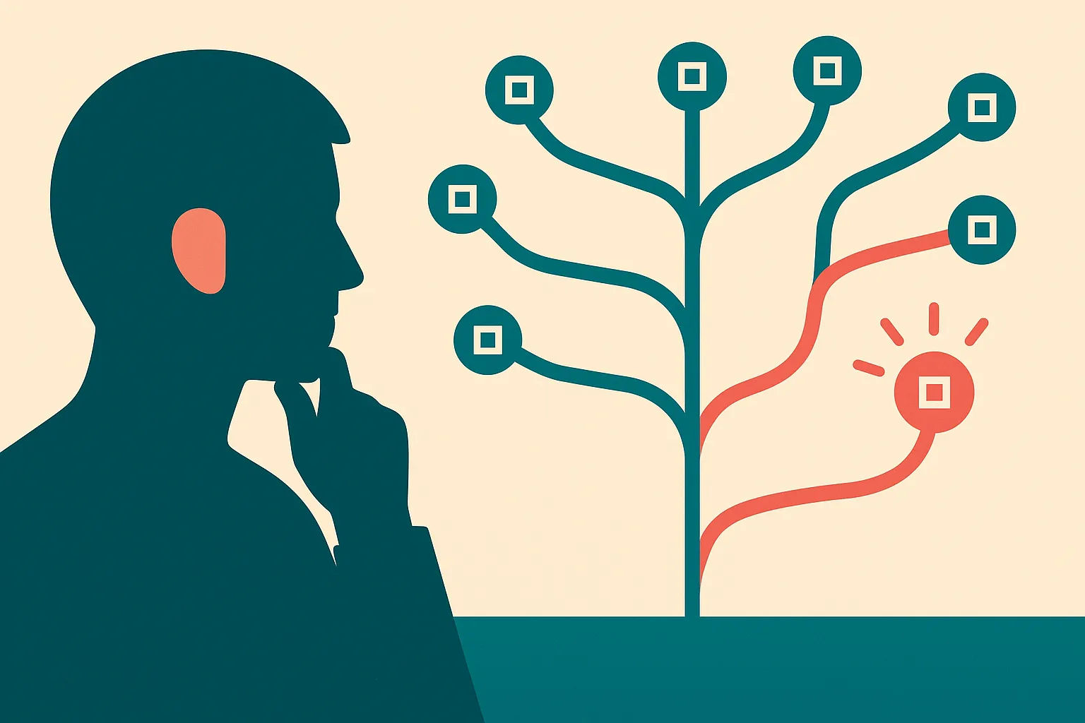 a human observer watching branching autonomous agent paths with one path highlighted as suspicious