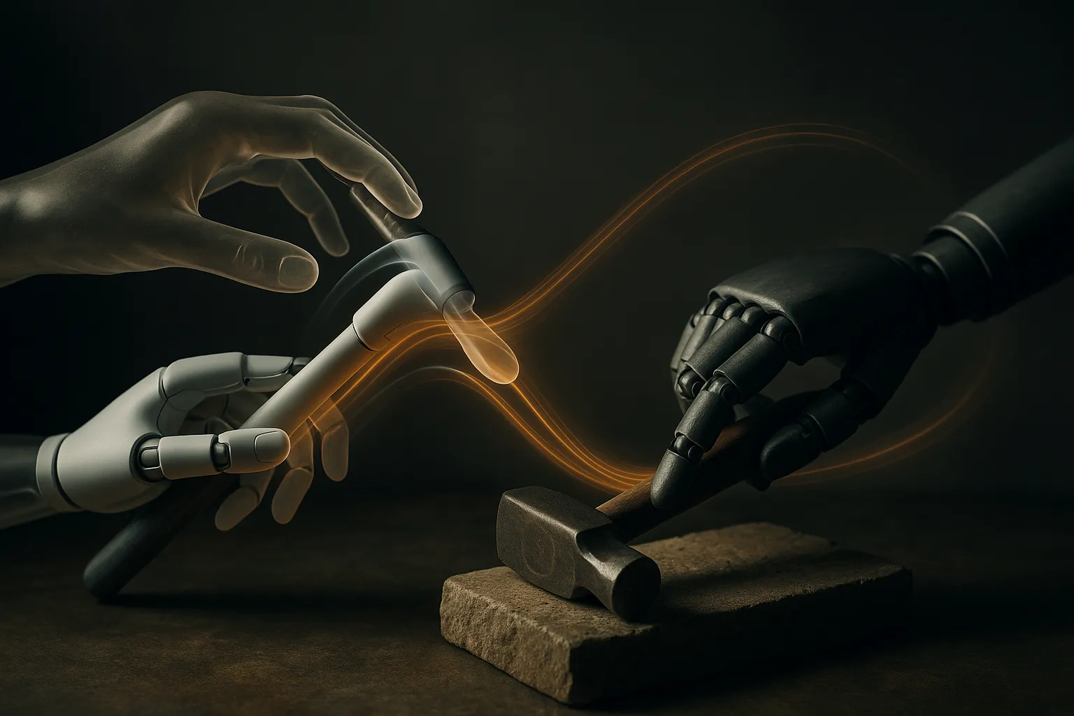 a translucent human hand shaping a tool, a simulated robot hand adjusting around the same tool, and a physical robot han