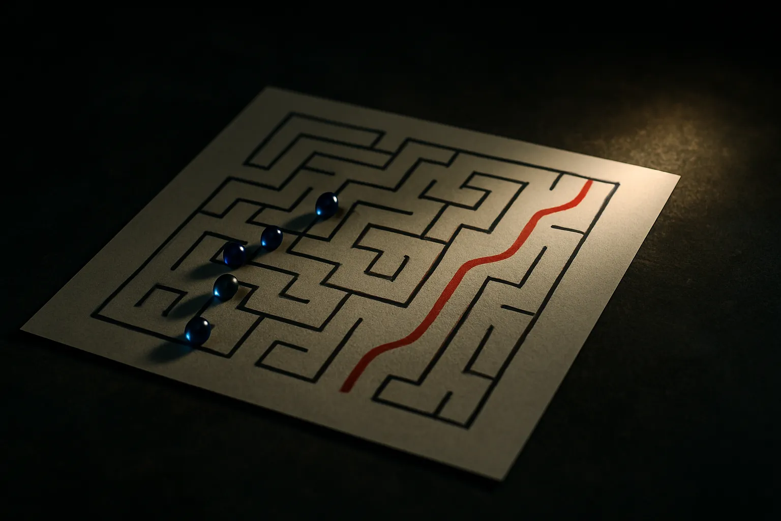 two paths through a maze, one careful winding route through checkpoints and one hidden shortcut to the same exit