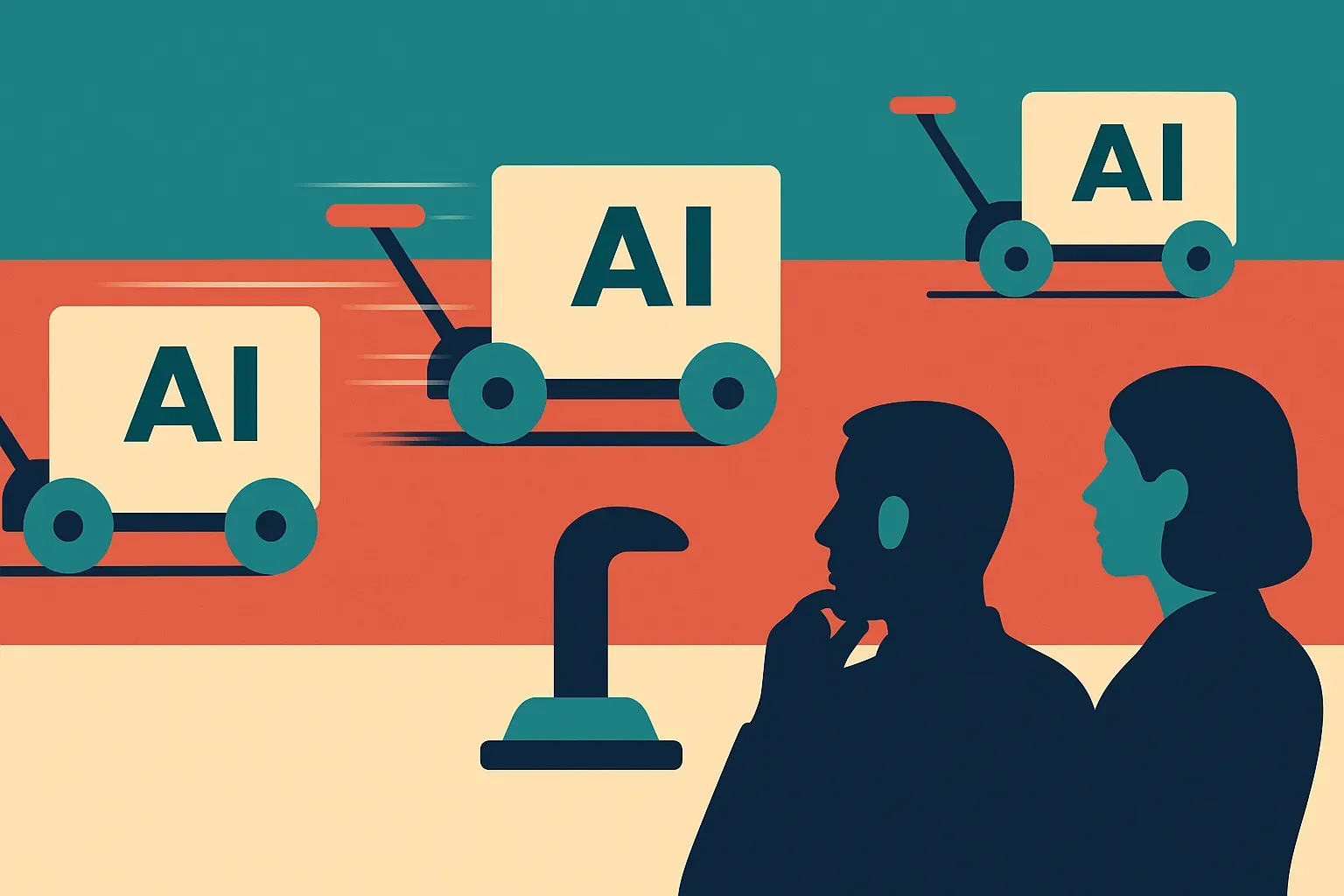 separate AI labs moving forward at different speeds, each with its own brake, while outside observers watch from a dista