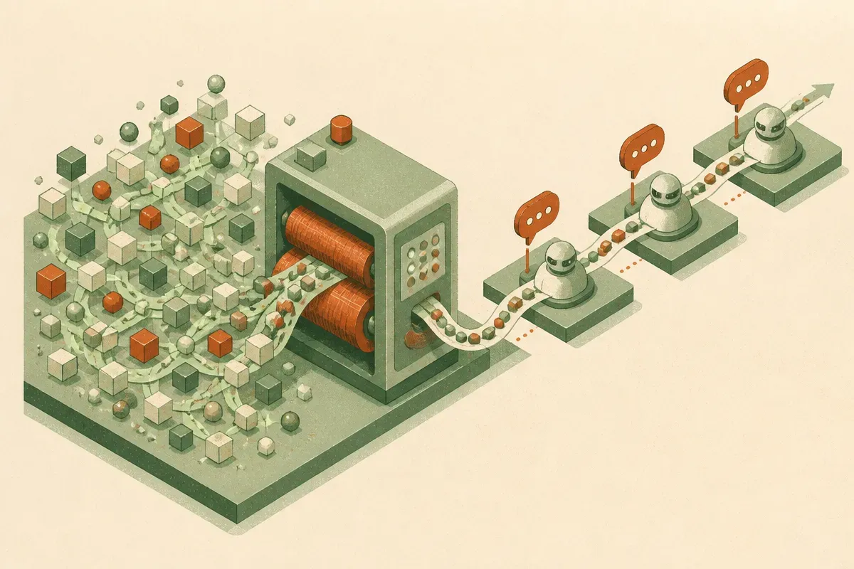 an agent trace being compressed while a continuous memory stream flows forward through successive interaction steps