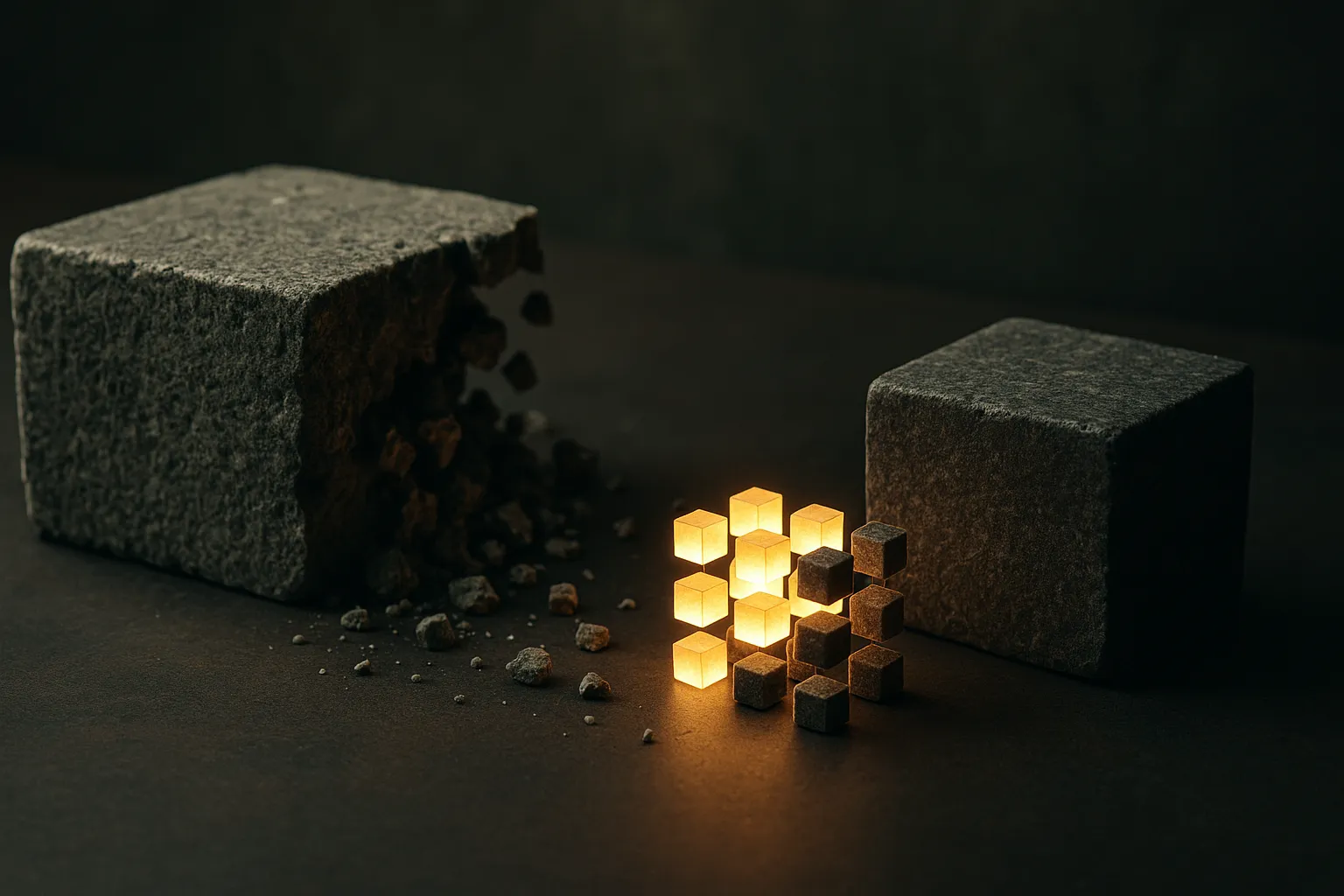 a large coarse block dissolving into a handful of small dense pieces that reassemble into a compact new block, the small