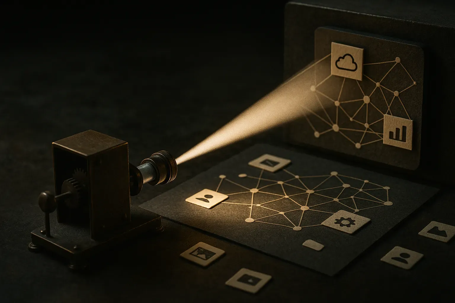 a small handcrafted machine casting a narrow beam toward a larger layered network, with scattered examples flowing betwe