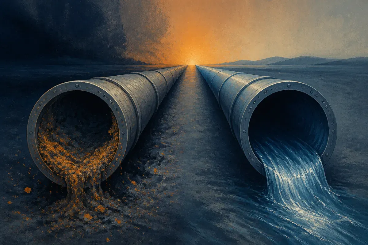 a long unbroken pipeline slowly clogging with accumulated residue versus a clean flowing one