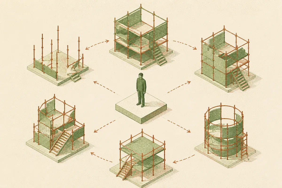 one fixed central figure surrounded by a scaffold being reshaped around it, the figure unchanged while the structure var