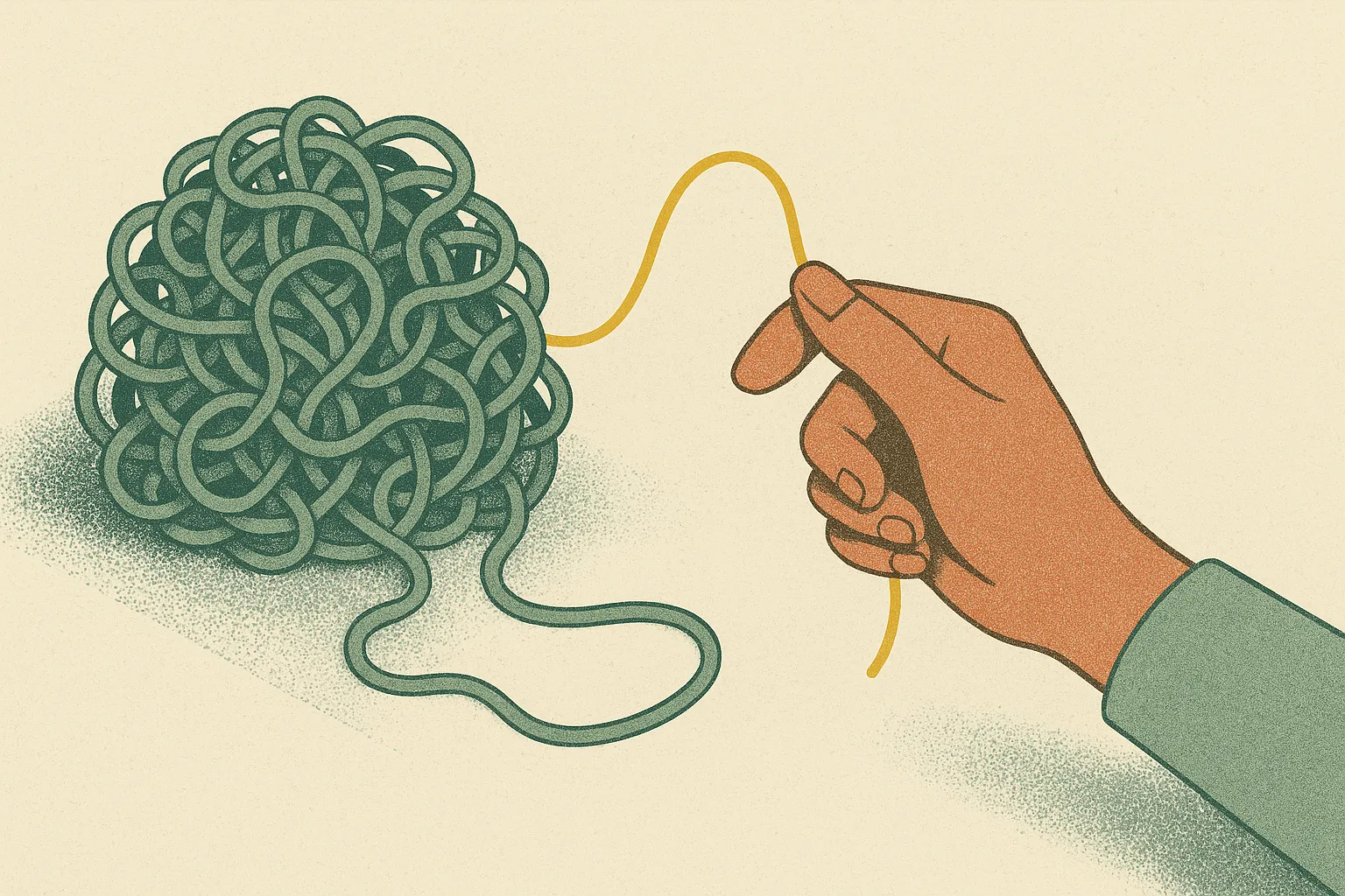 a single bright thread found and pulled from a dense tangle, but the hand holding it looking away from it