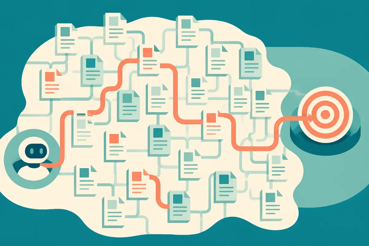 maze-like web of connected documents with one highlighted path that sometimes bends toward the target and sometimes drif