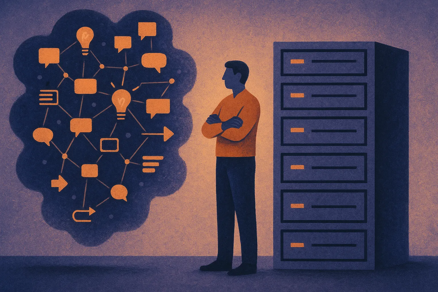 human maintainer standing between a cloud of generated suggestions and a neatly stacked software archive
