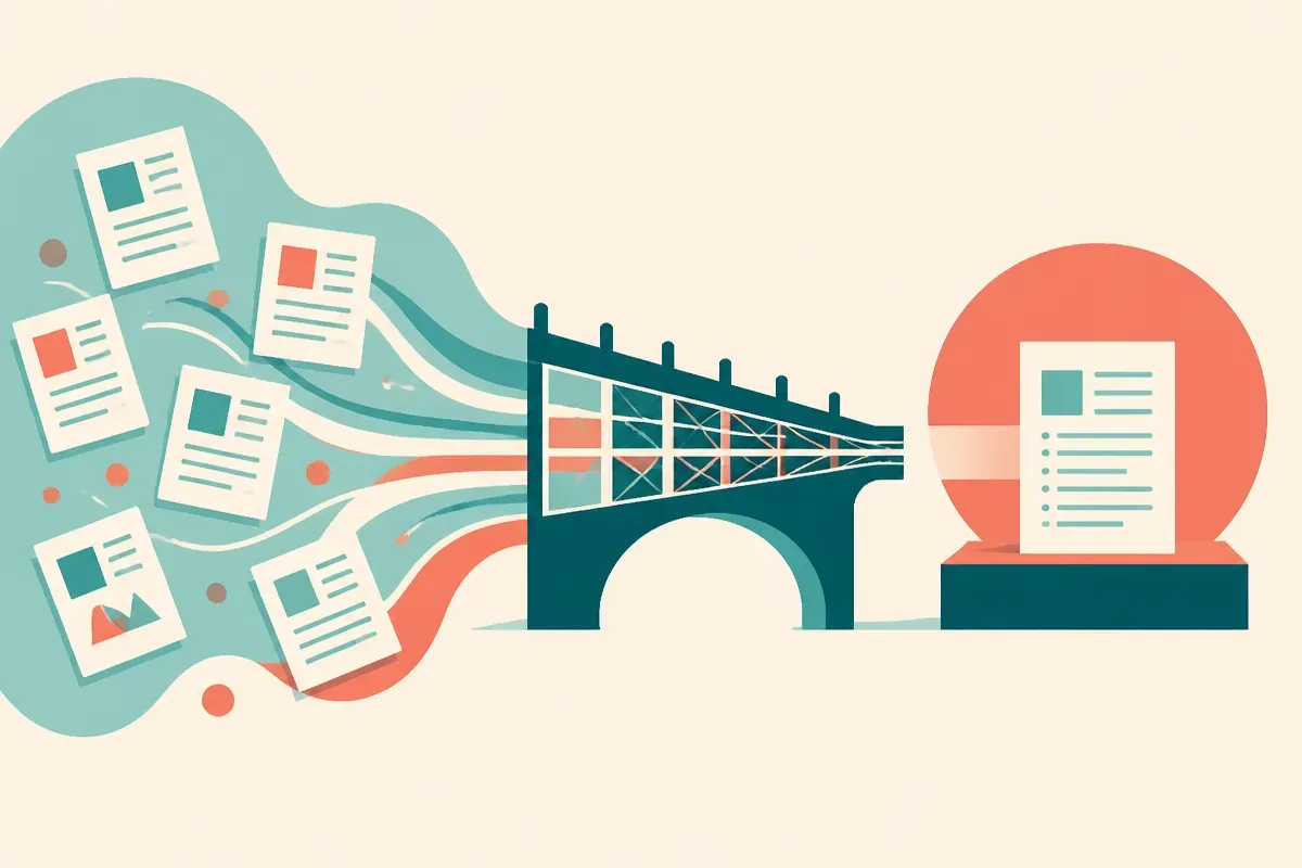 several research papers flowing into a structured bridge that narrows into one formed research proposal