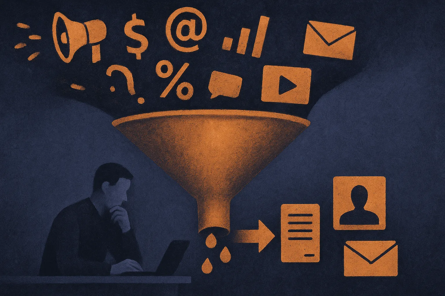 messy marketing tasks flowing through a filter into a smaller set of human review decisions and finished campaign assets