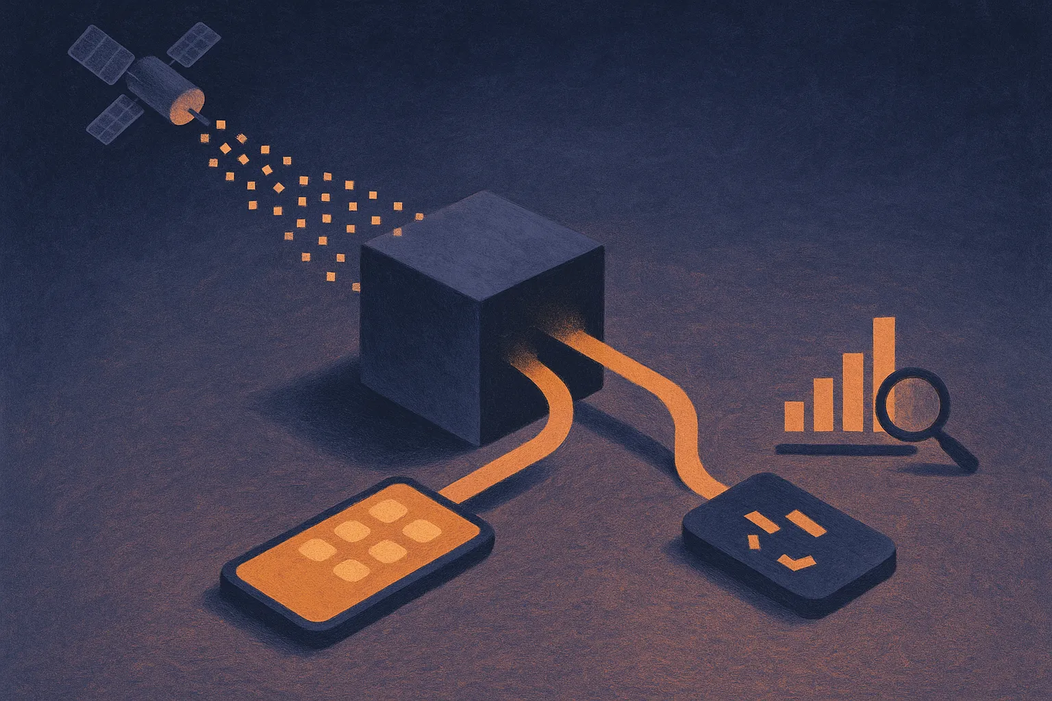 a satellite-like data stream entering a model box, splitting into a polished app surface and a separate portable vector