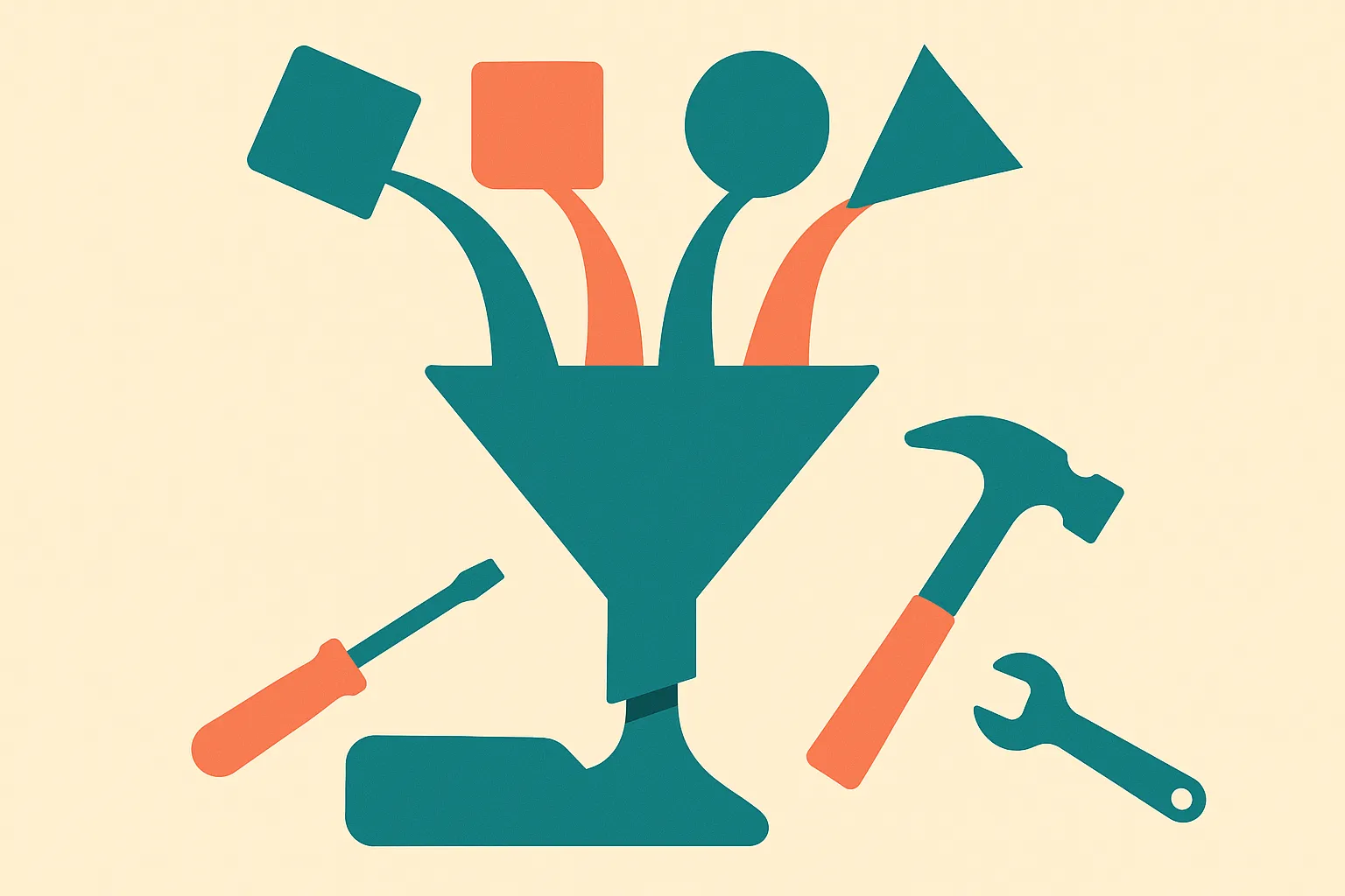 several differently shaped small containers flowing into one shared container, with simple tools arranged around it